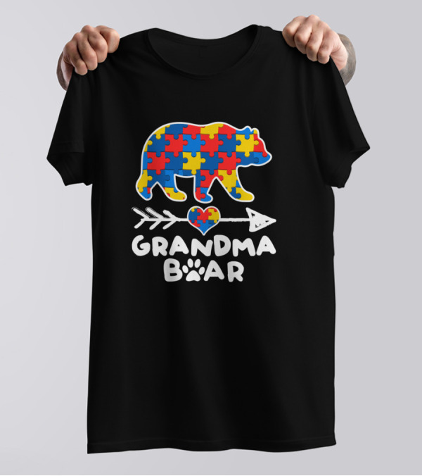 Grandma Bear Puzzle Piece Heart Arrow Autism Awareness Family T-Shirt