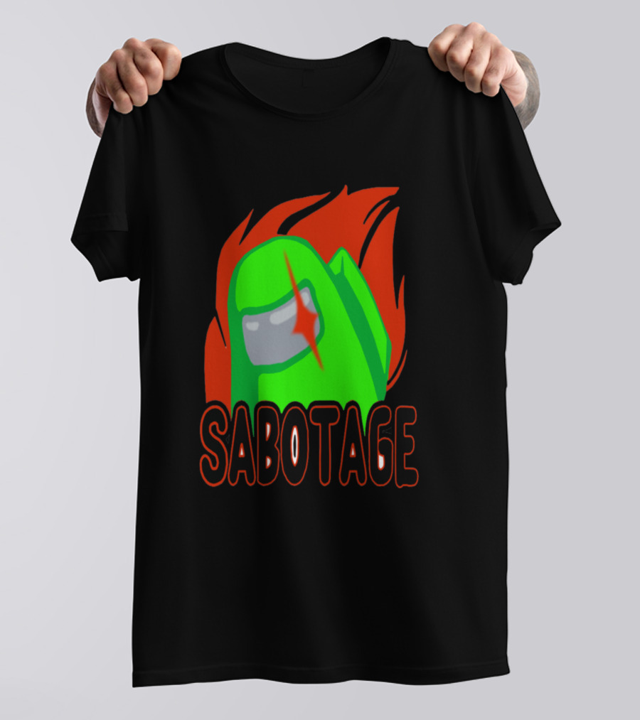 Green Sabotage Among Us Character With Flaming Background T-Shirt