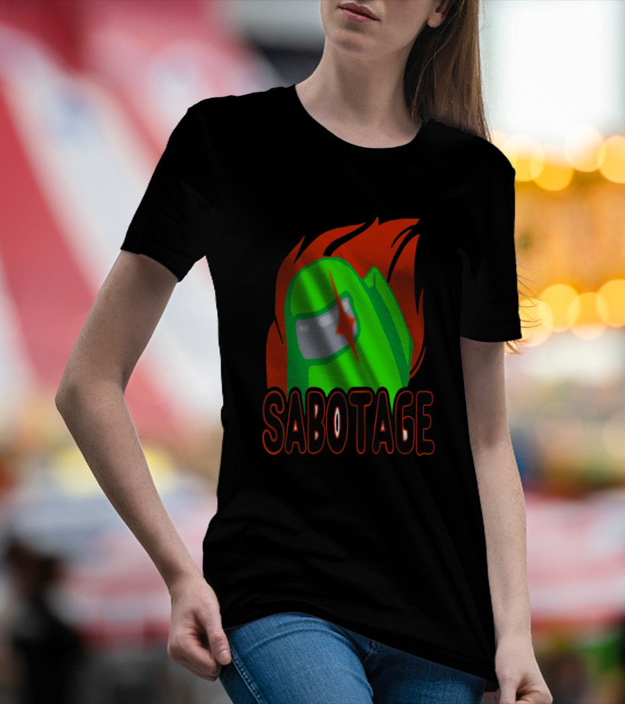 Green Sabotage Among Us Character With Flaming Background T-Shirt