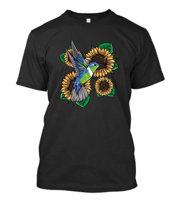 Hummingbird Surrounded By Sunflowers Wildlife Floral Scene T-Shirt