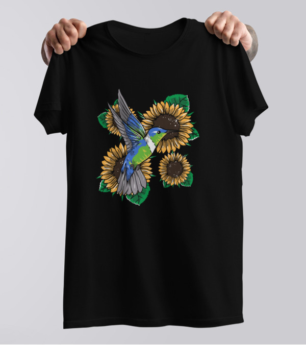 Hummingbird Surrounded By Sunflowers Wildlife Floral Scene T-Shirt