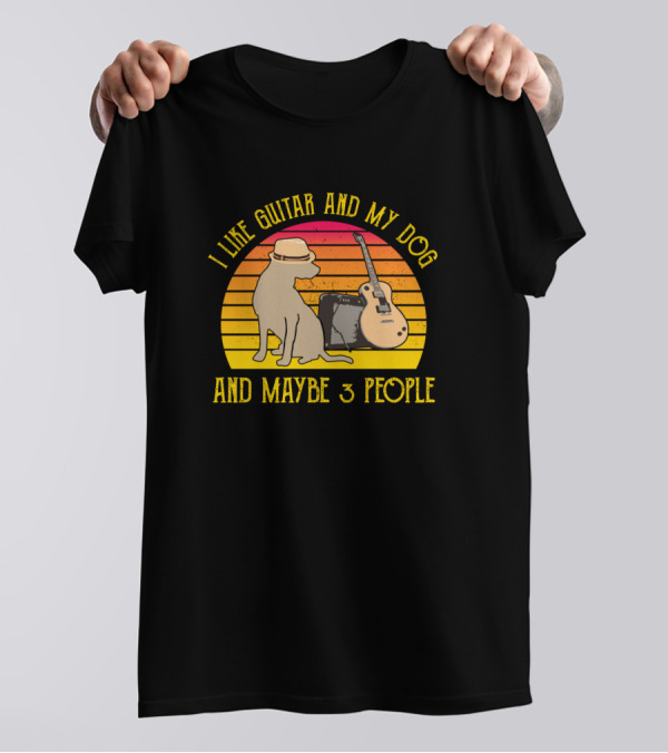I Like Guitar And My Dog And Maybe 3 People Retro-Style Sunset Dog With Hat And Guitar T-Shirt