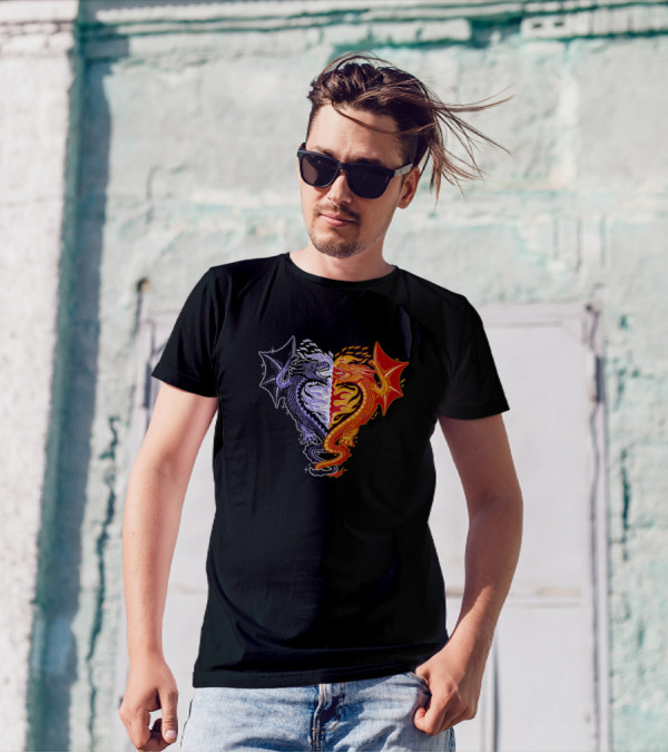 Fire And Ice Heart Dragons Face-Off T-Shirt