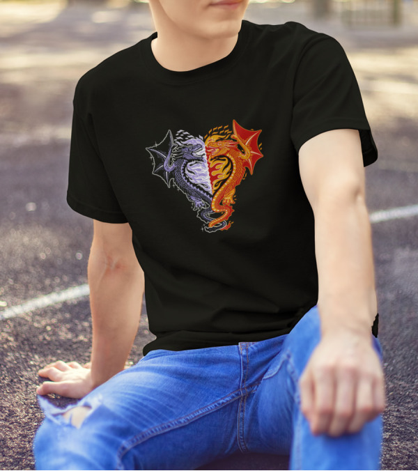 Fire And Ice Heart Dragons Face-Off T-Shirt
