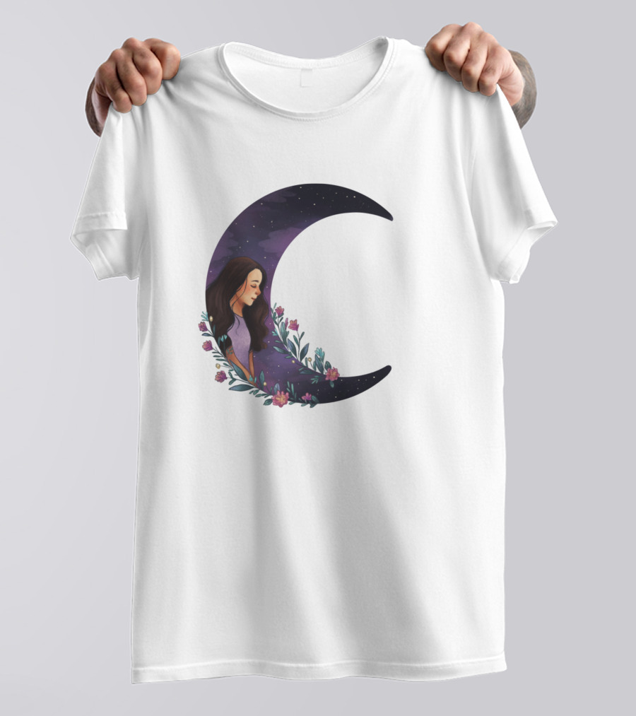 Kalila Blue Crescent Moon With Flowers And Woman T-Shirt