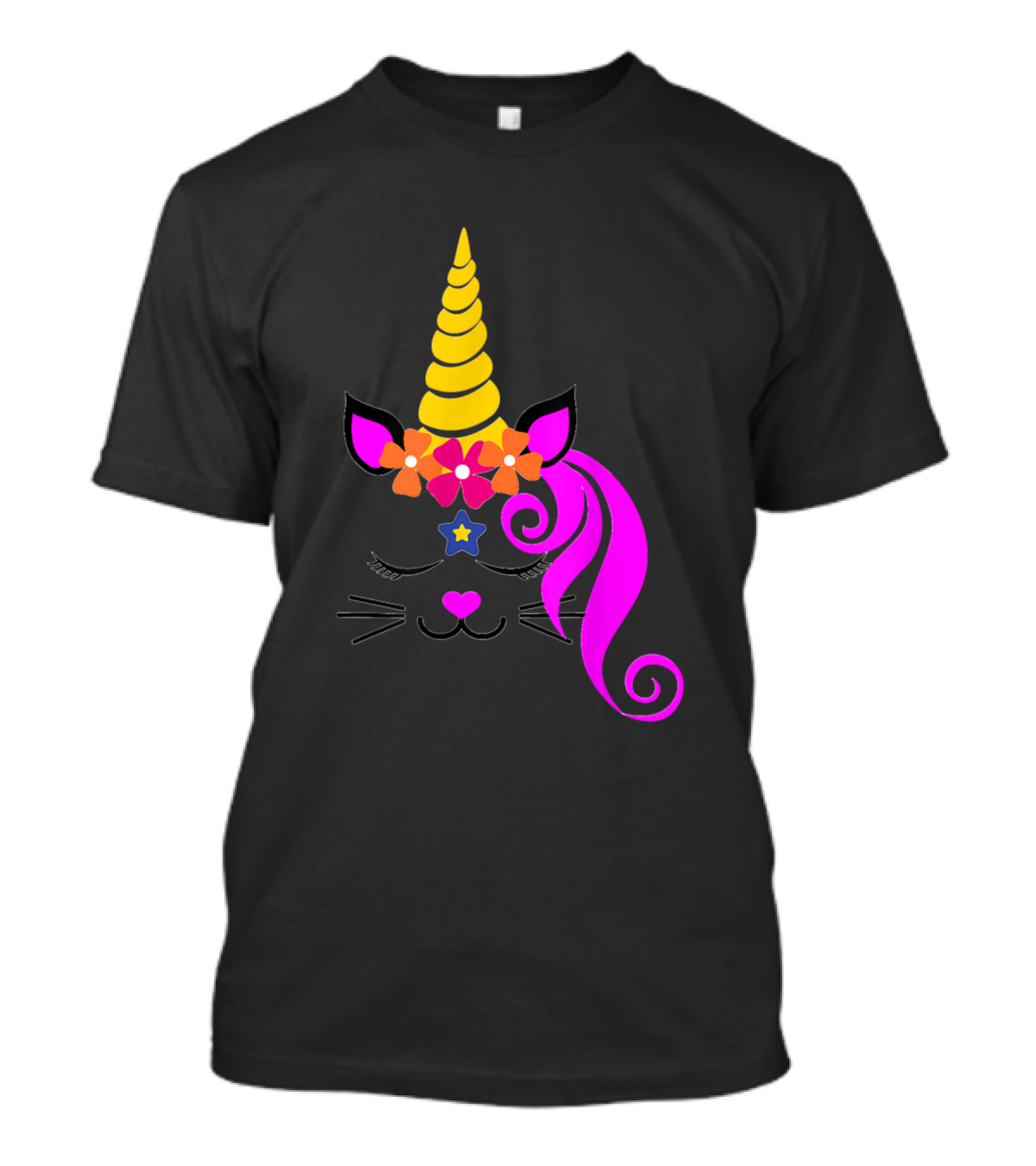 Kitty Unicorn Caticorn Face Kitten Cat Girls Fantasy Whimsical Colorful Flowers T-Shirt