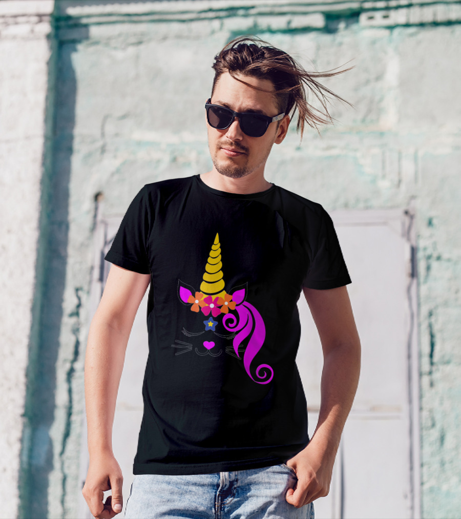Kitty Unicorn Caticorn Face Kitten Cat Girls Fantasy Whimsical Colorful Flowers T-Shirt