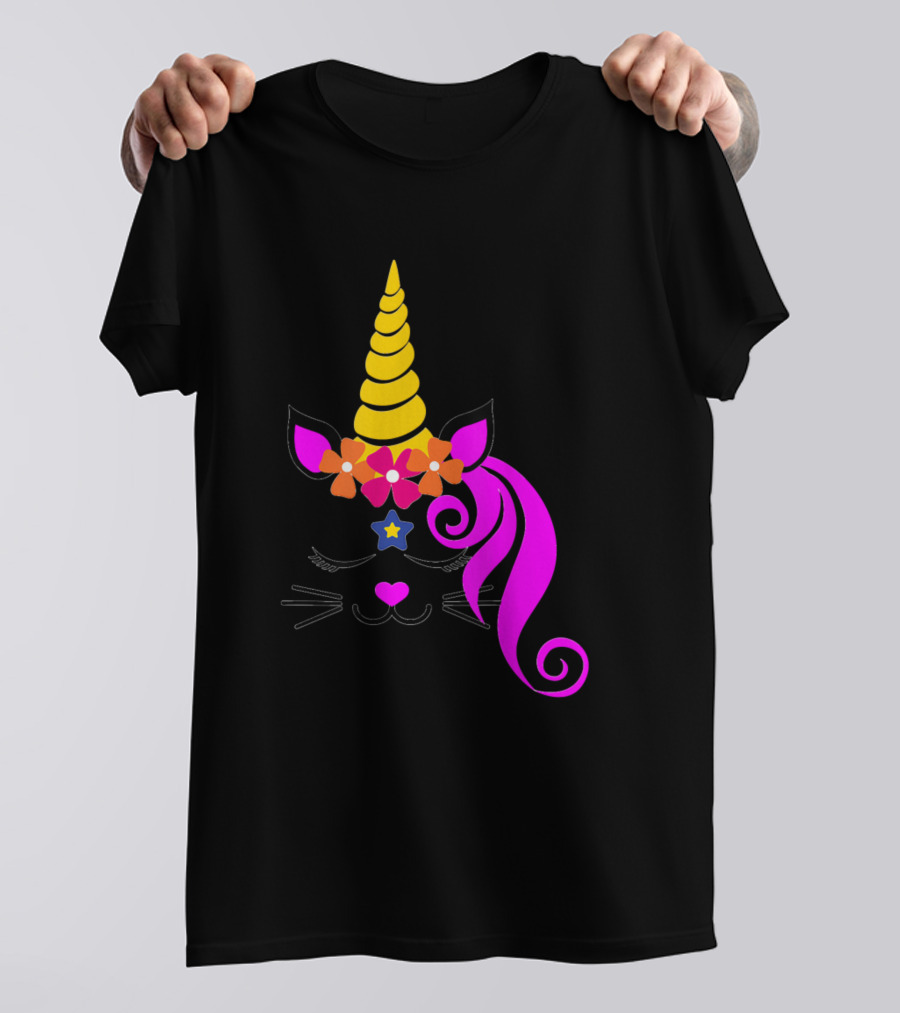 Kitty Unicorn Caticorn Face Kitten Cat Girls Fantasy Whimsical Colorful Flowers T-Shirt
