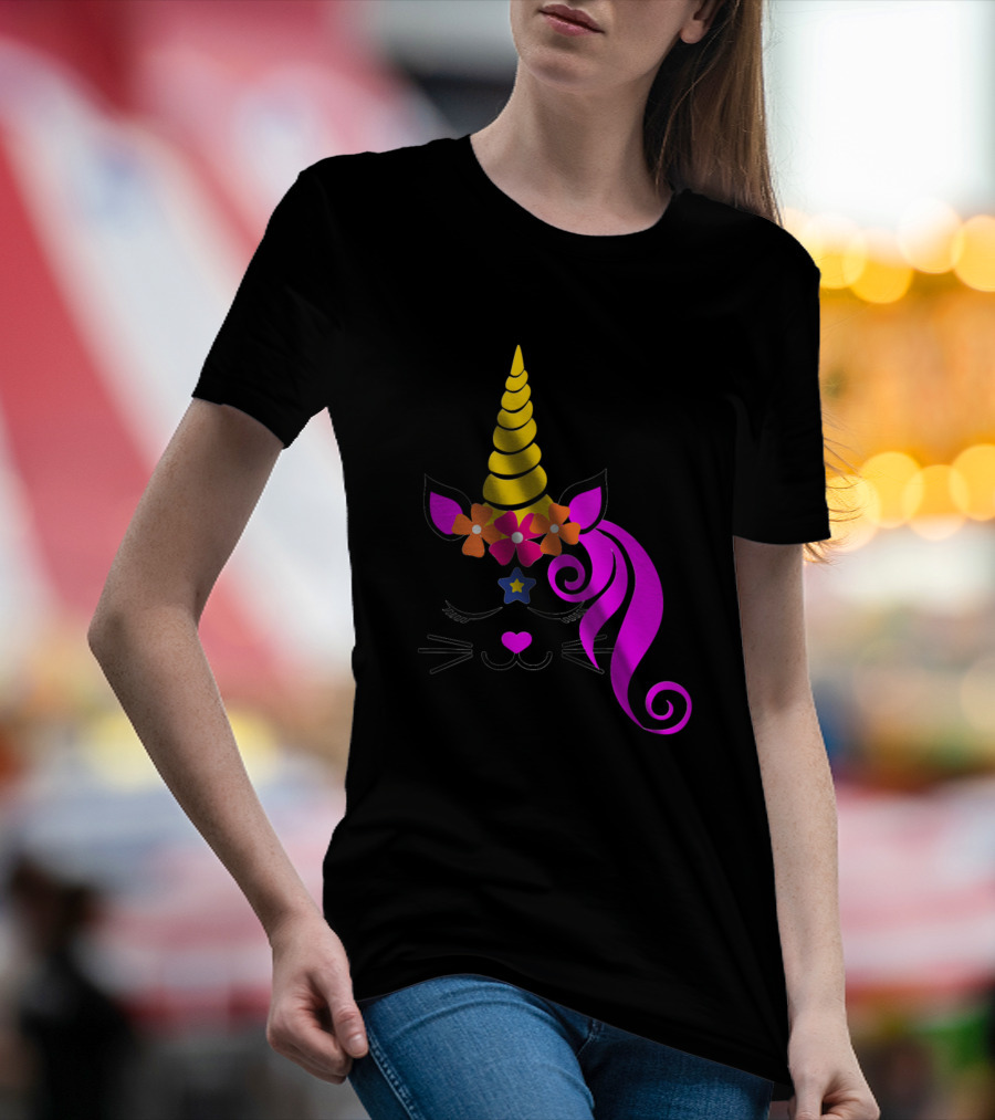 Kitty Unicorn Caticorn Face Kitten Cat Girls Fantasy Whimsical Colorful Flowers T-Shirt