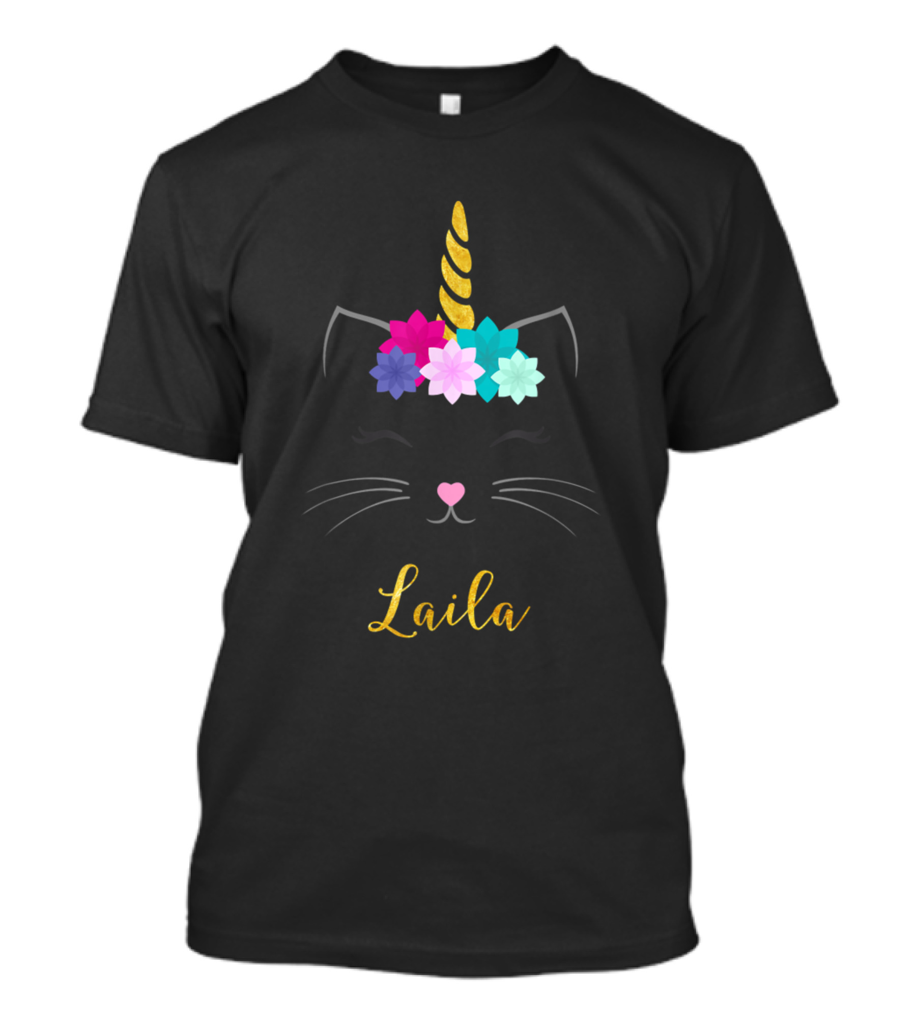 Laila Cat Unicorn Flower Crown Personalized Birthday T-Shirt