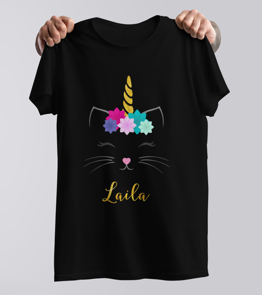 Laila Cat Unicorn Flower Crown Personalized Birthday T-Shirt