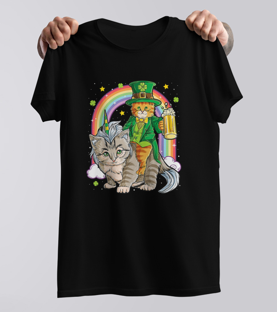 Leprechaun Cat With Beer And Rainbow On Caticorn T-Shirt