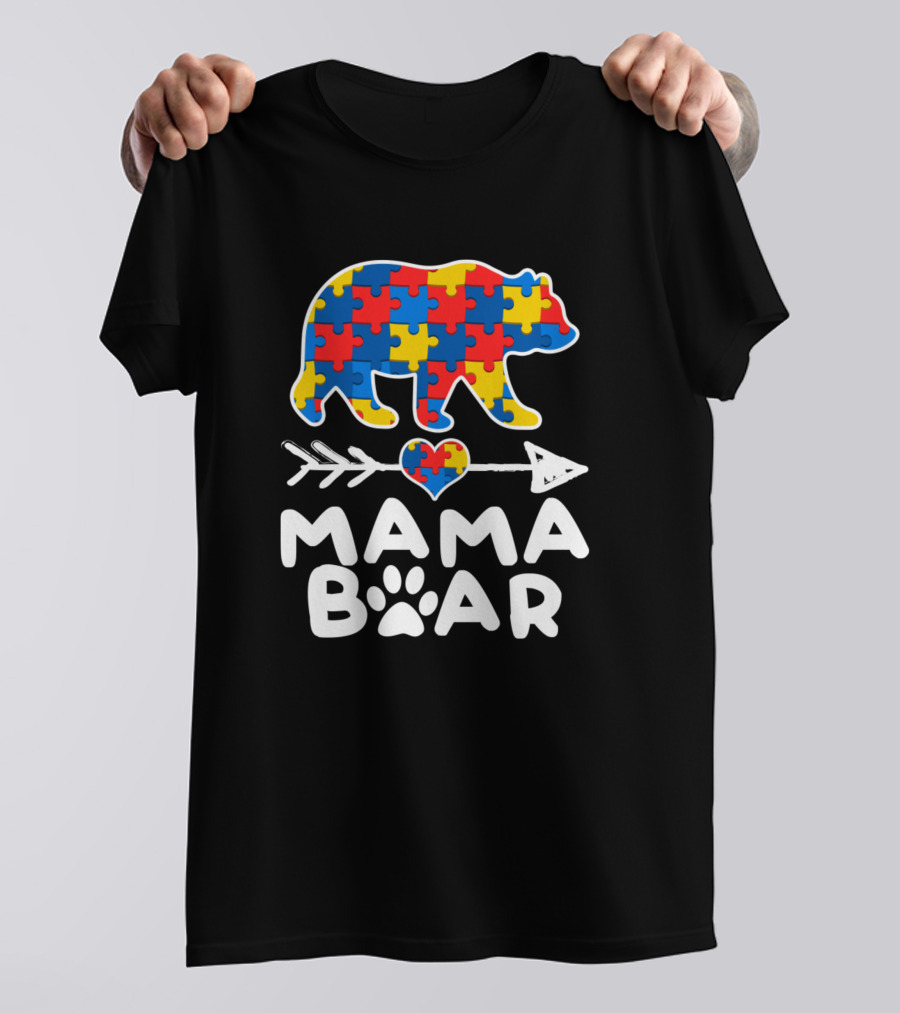 Mama Bear Heart Arrow Puzzle Piece Autism Awareness Family T-Shirt