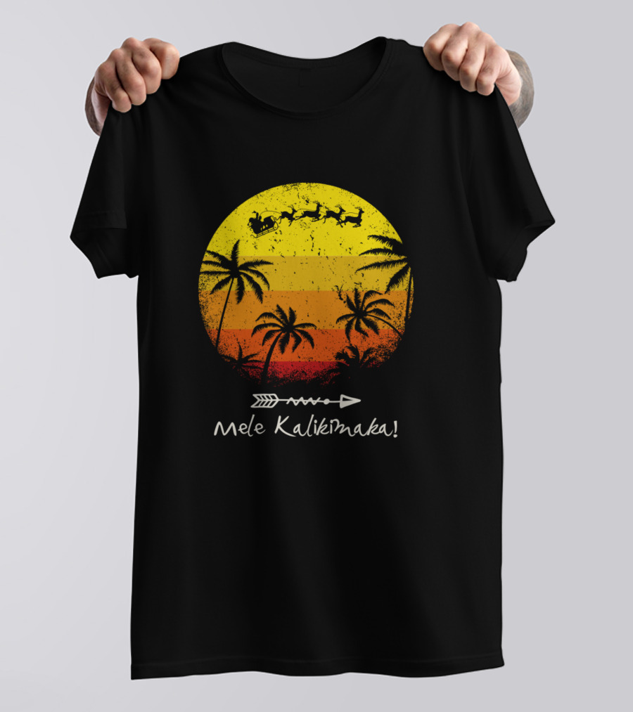 Mele Kalikimaka Vintage Christmas Santa Reindeers Sunset Palms T-Shirt