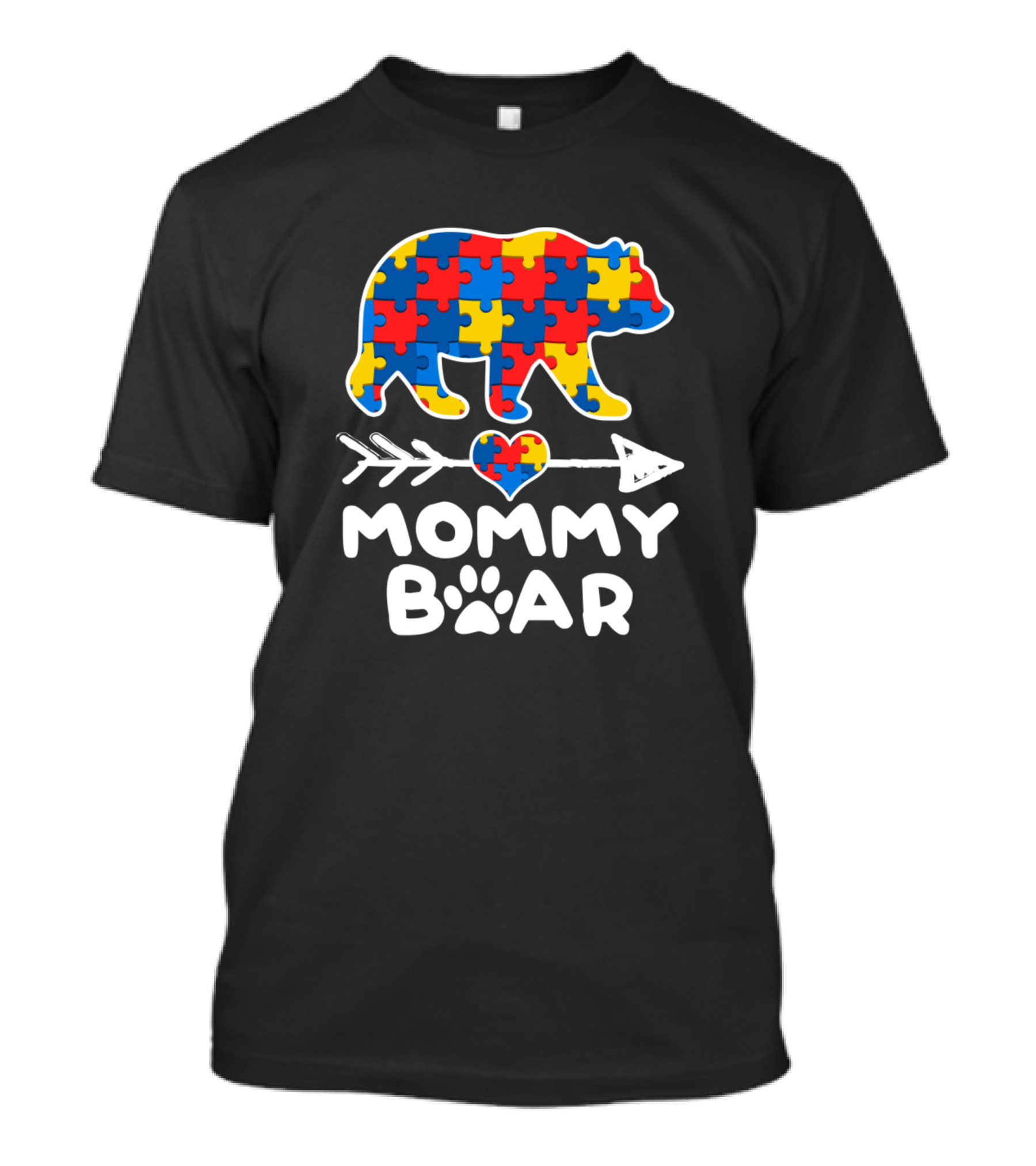Mommy Bear Puzzle Piece Autism Awareness Family Heart Arrow T-Shirt