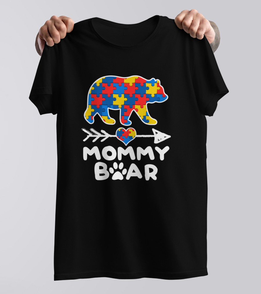 Mommy Bear Puzzle Piece Autism Awareness Family Heart Arrow T-Shirt