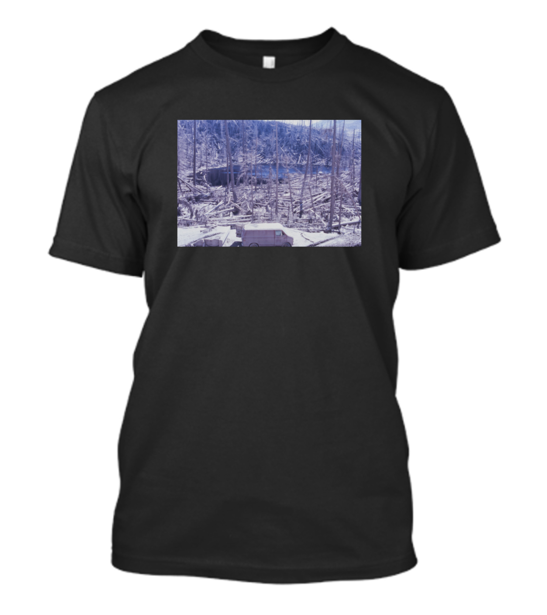 Mount Saint Helens Aftermath Devastation Scene With Van In Forest T-Shirt