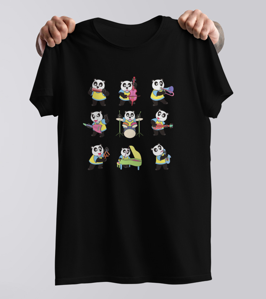 Panda Playing Guitar Drum Saxophone Violin Piano Trombone Pandas T-Shirt