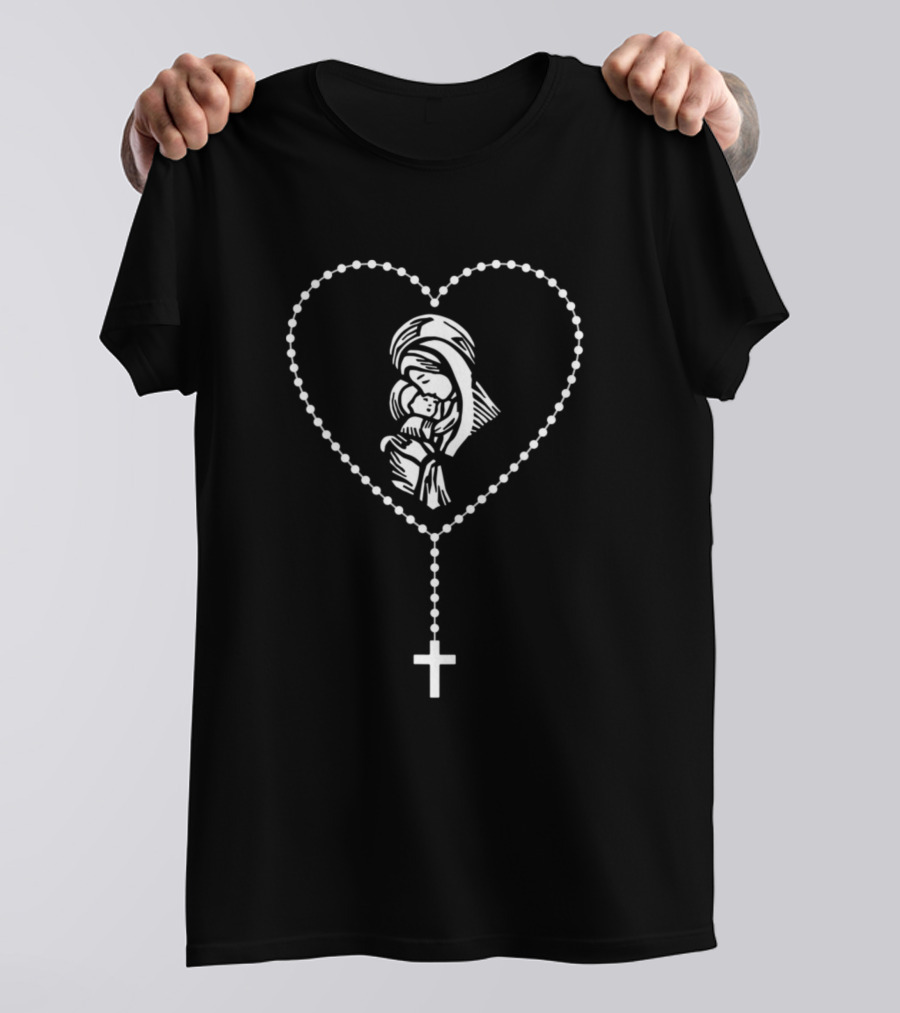 Rosary Heart Virgin Mary Jesus Cross Catholic Faith T-Shirt