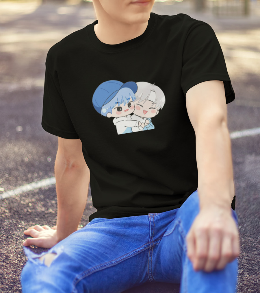 Seventeen Cute Cartoon Characters Hugging Blue Cap T-Shirt