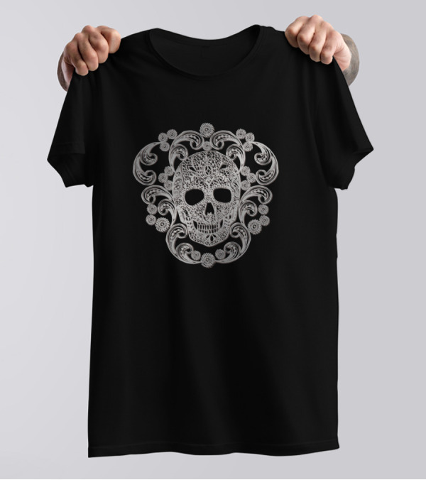 Silver Lace Intricate Skulls T-Shirt