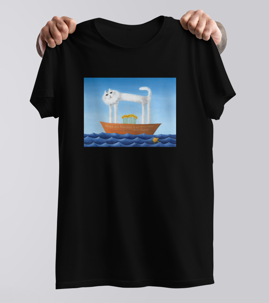 Skinny Cat In His Boat 'Scene' With Rubber Duck And Flowers On Wavy Water T-Shirt