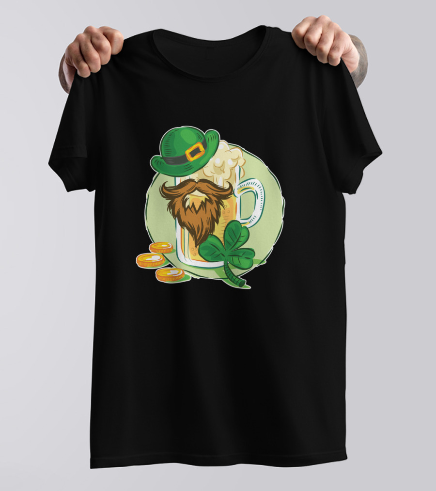St Patricks Day Beer Mug With Beard Hat Shamrock And Gold Coins Lucky T-Shirt