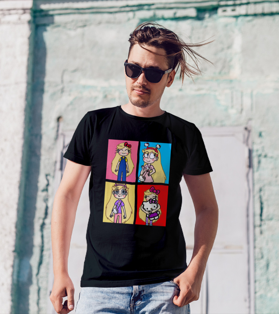 Star Butterfly And Hello Kitty Collaboration Colorful Quadrant T-Shirt