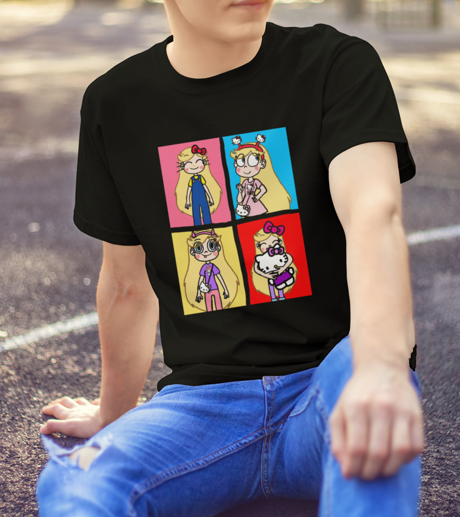Star Butterfly And Hello Kitty Collaboration Colorful Quadrant T-Shirt