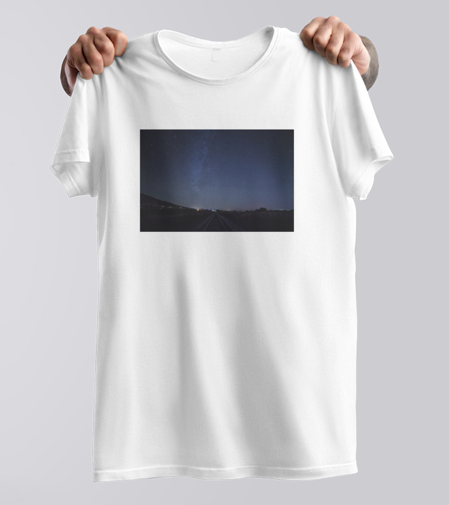 Night Sky Stars With Galaxy Lights On Railroad Horizon T-Shirt