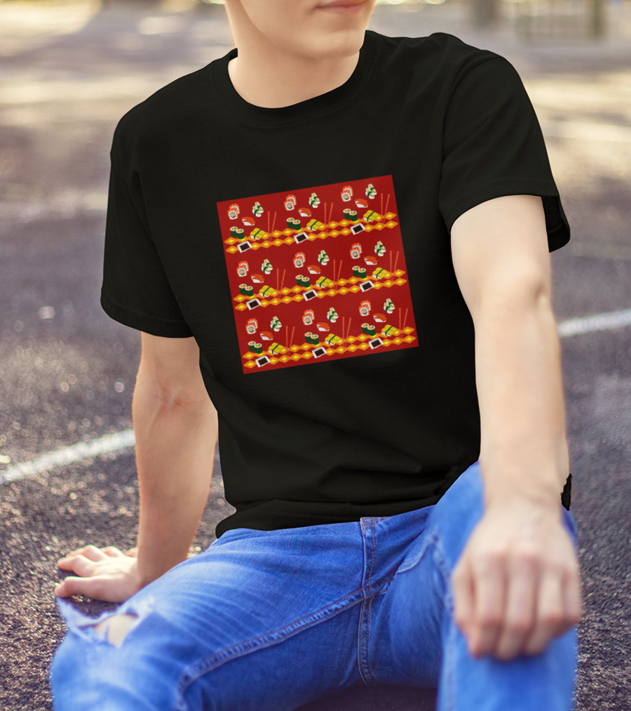 Sushi Shoyu Pattern With Chopsticks And Nigiri Rolls T-Shirt