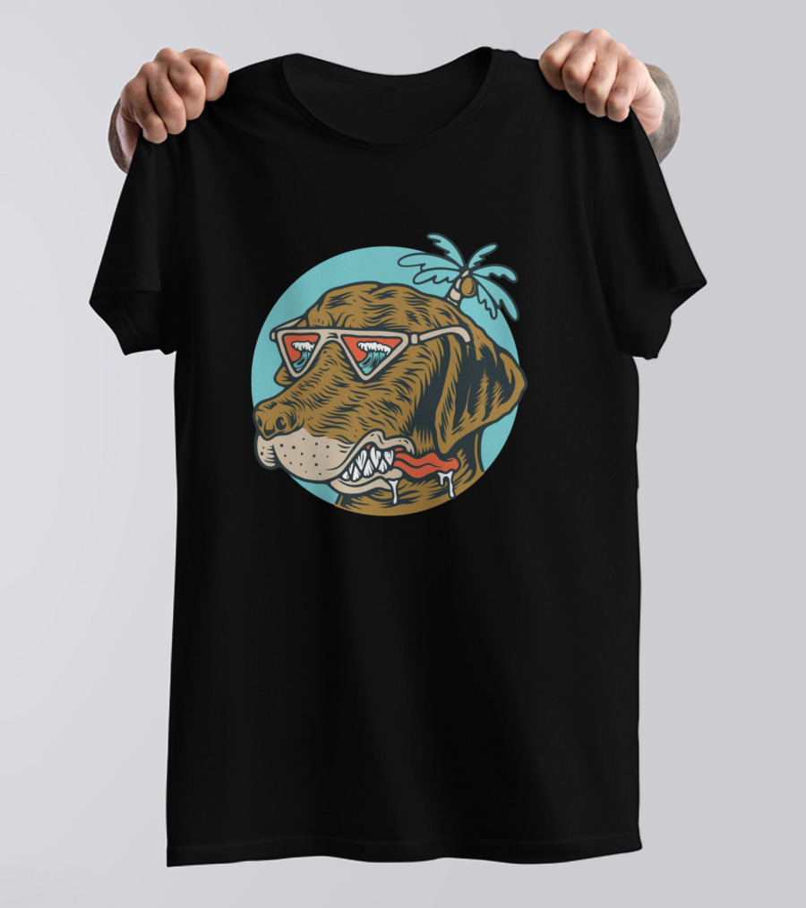 The Waungs Palm Tree Dog In Sunglasses Eating Hotdog T-Shirt