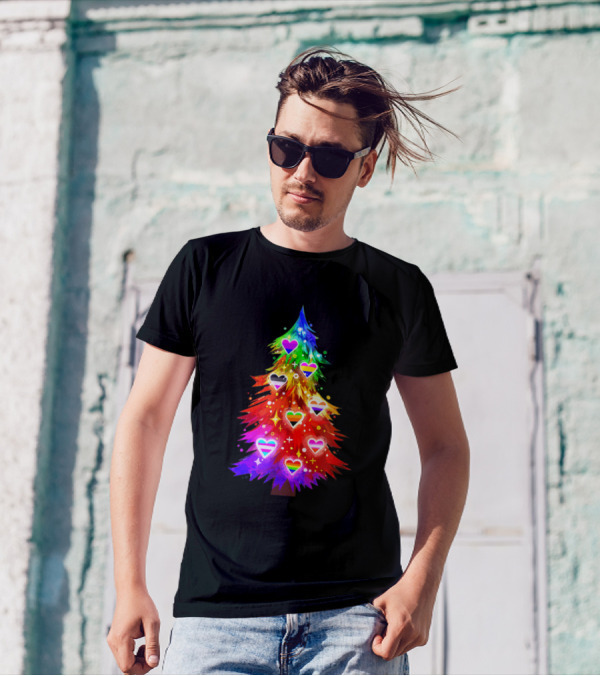 Queer On Christmas Planting Pride And Love Rainbow Christmas Tree Hearts T-Shirt