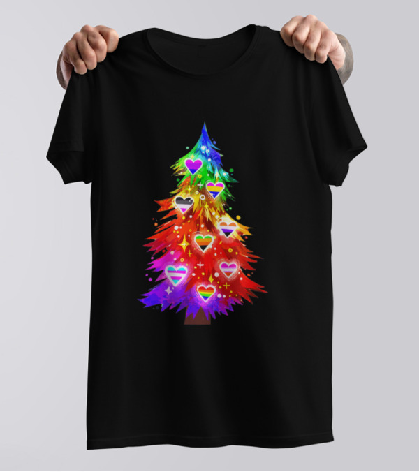 Queer On Christmas Planting Pride And Love Rainbow Christmas Tree Hearts T-Shirt