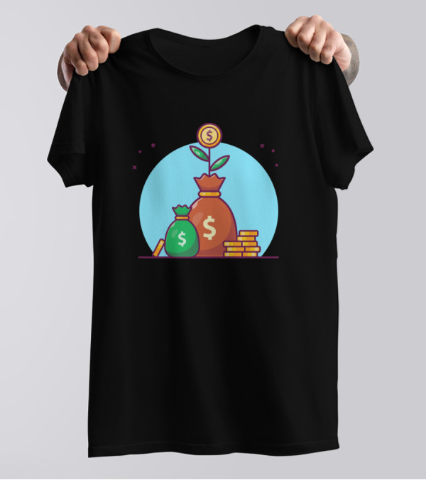 Sack Of Plant Money With Growth Coin And Stack Of Gold Currency Cartoon T-Shirt