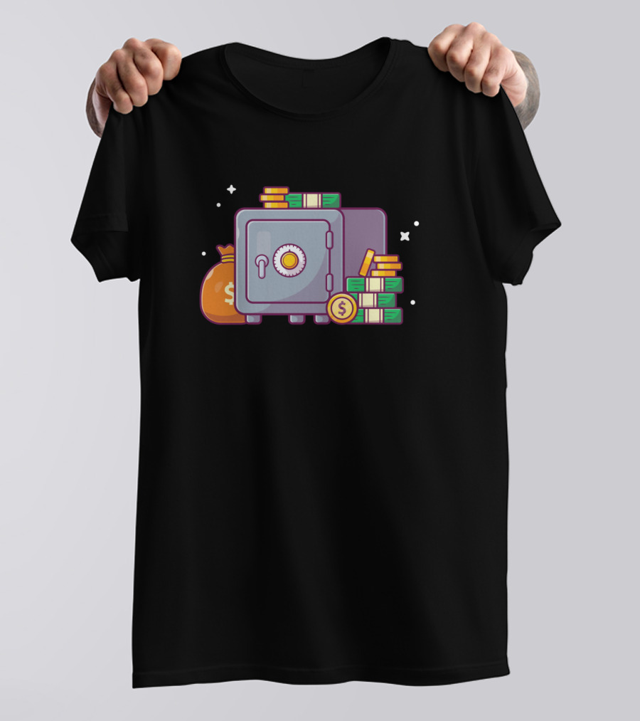 Safe Deposit Box Cartoon With Money Bags And Coins T-Shirt