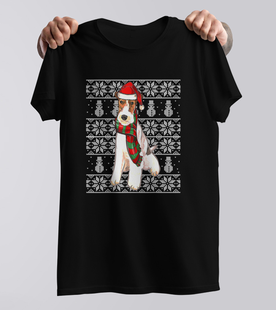 Wire Fox Terrier Santa Hat Christmas Snowflakes T-Shirt