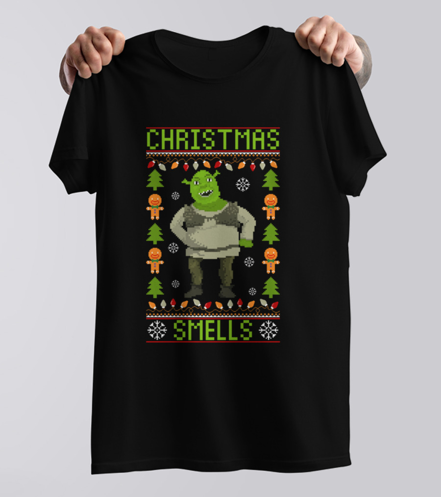 Shrek Christmas Smells Ugly Sweater Design Gingerbread Trees Lights T-Shirt
