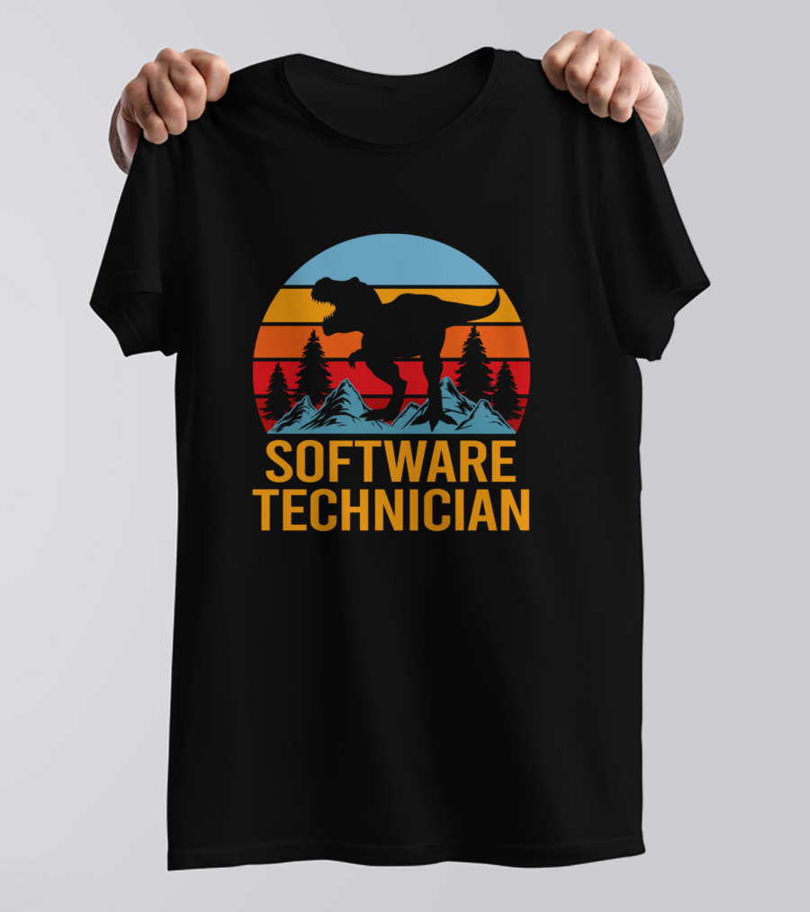Software Technician Dinosaur Mountain Sunset Forest T-Shirt
