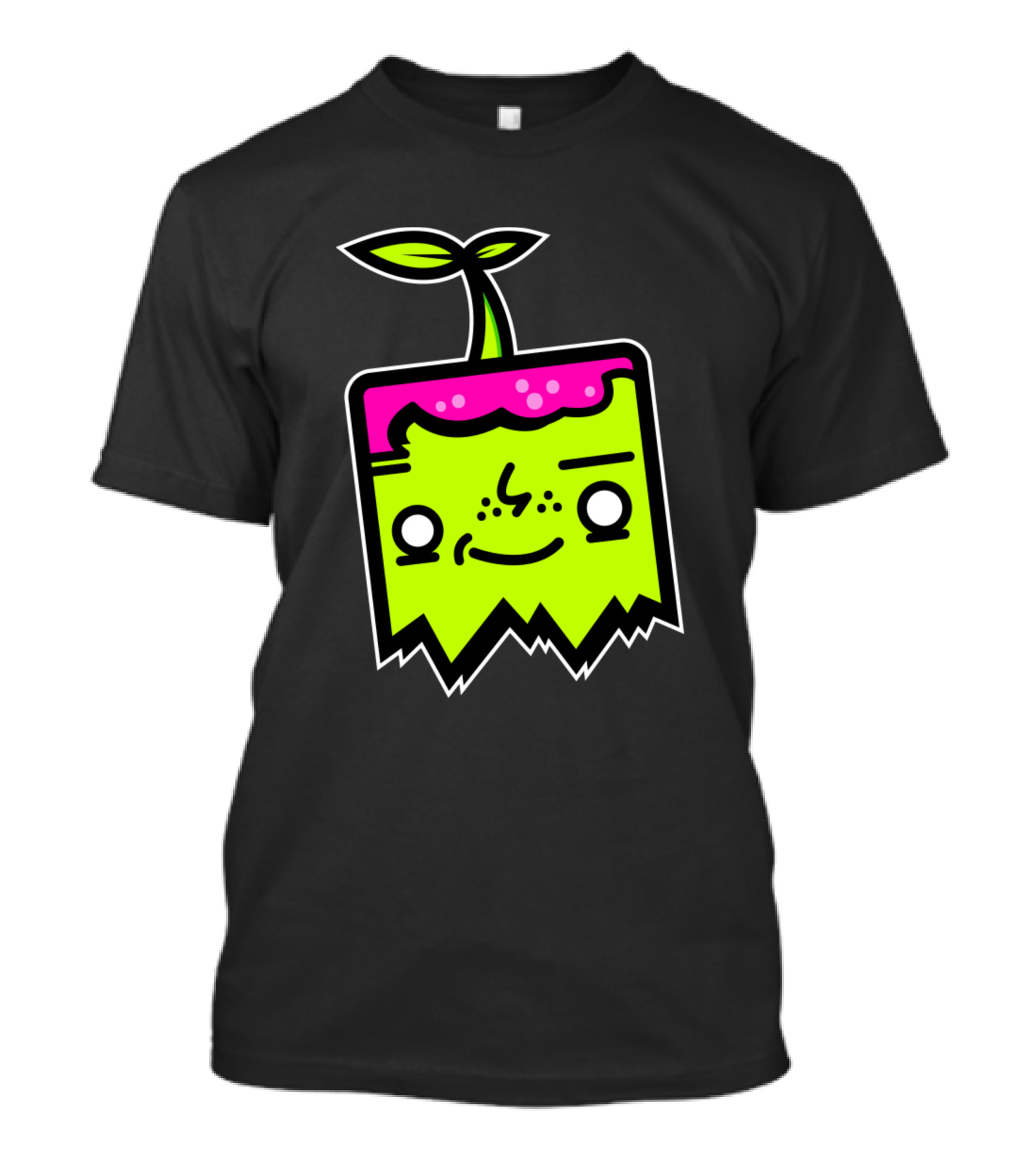 Sprout Mascot Neon Cube Character With Leaf And Pink Top T-Shirt