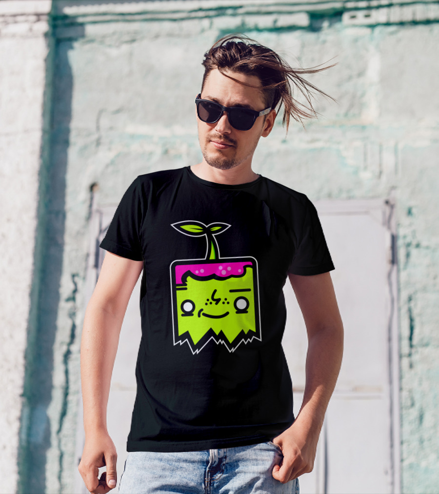 Sprout Mascot Neon Cube Character With Leaf And Pink Top T-Shirt