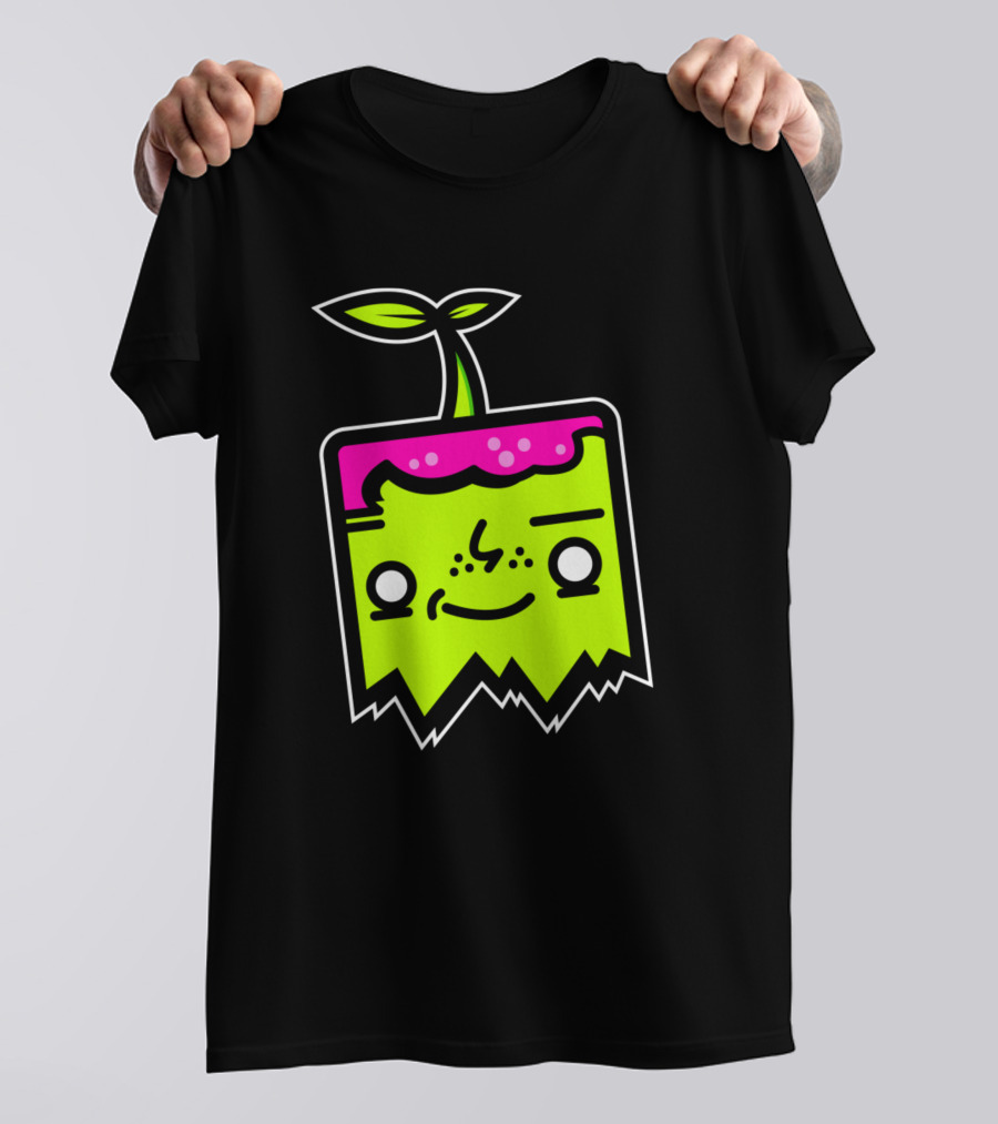 Sprout Mascot Neon Cube Character With Leaf And Pink Top T-Shirt