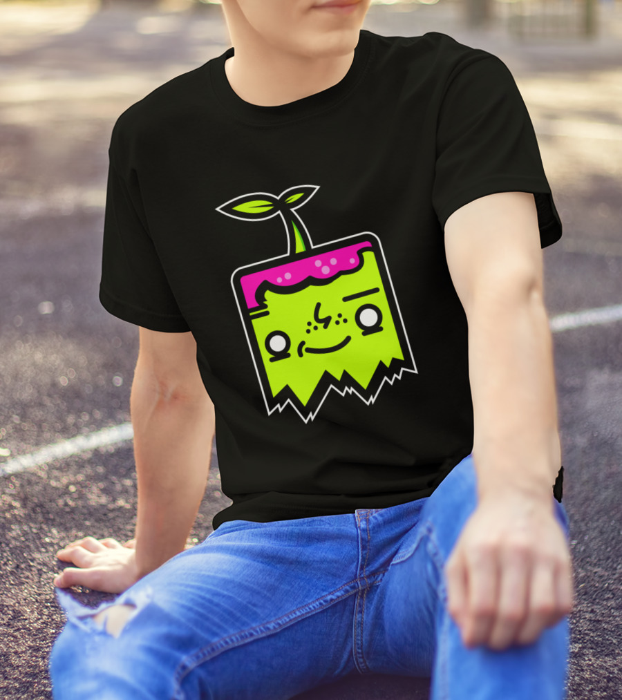 Sprout Mascot Neon Cube Character With Leaf And Pink Top T-Shirt