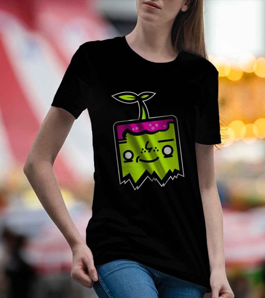 Sprout Mascot Neon Cube Character With Leaf And Pink Top T-Shirt
