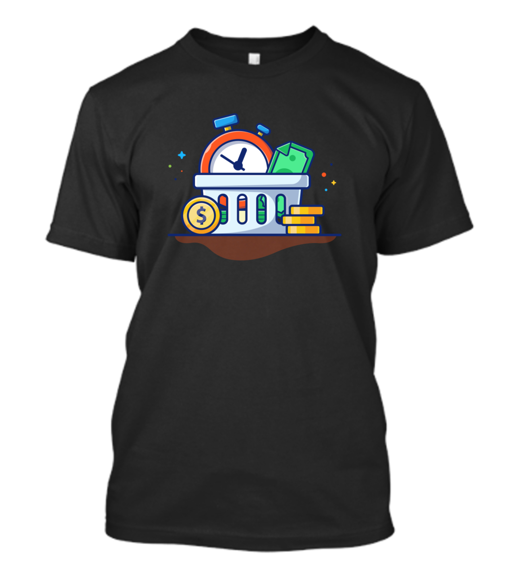Stack Of Coin With Timer And Money Box Cartoon Money And Time T-Shirt