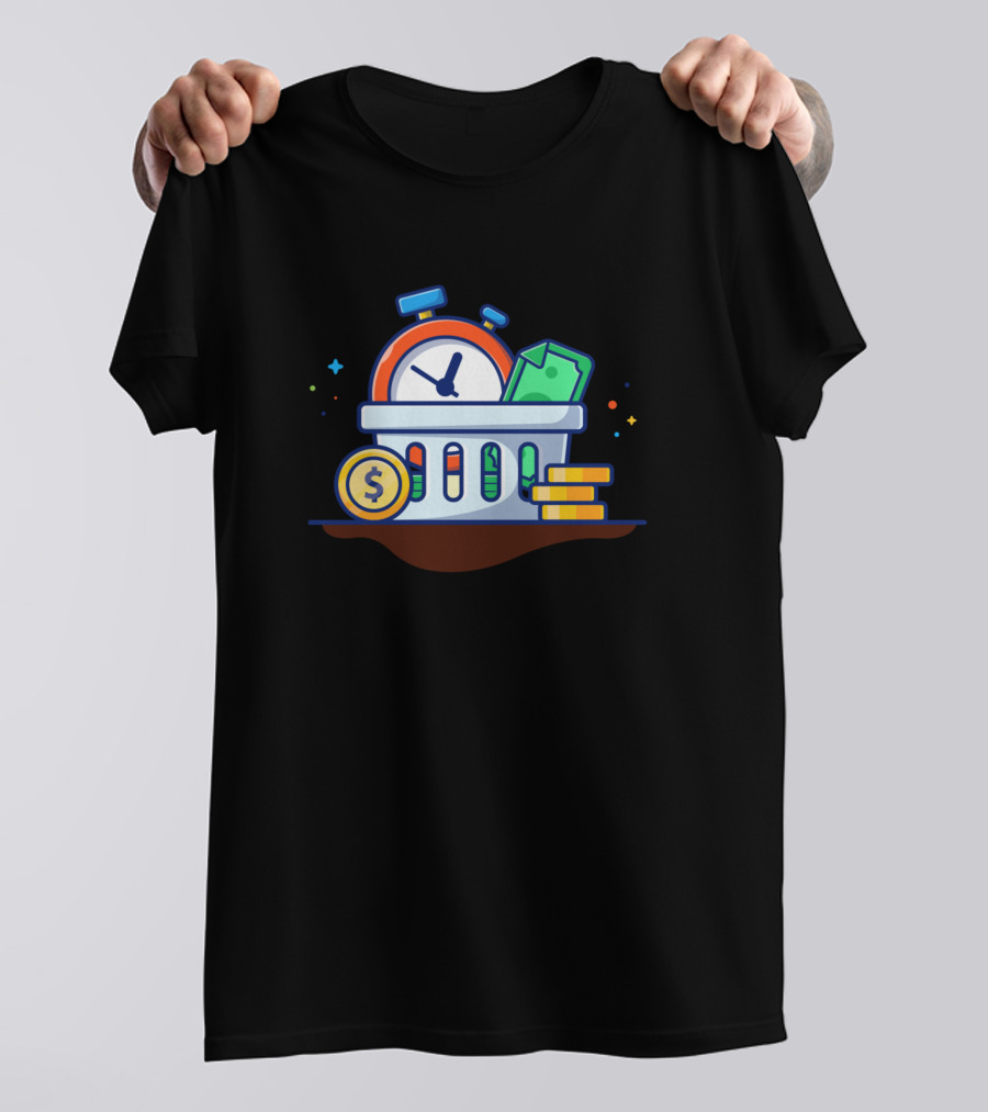 Stack Of Coin With Timer And Money Box Cartoon Money And Time T-Shirt