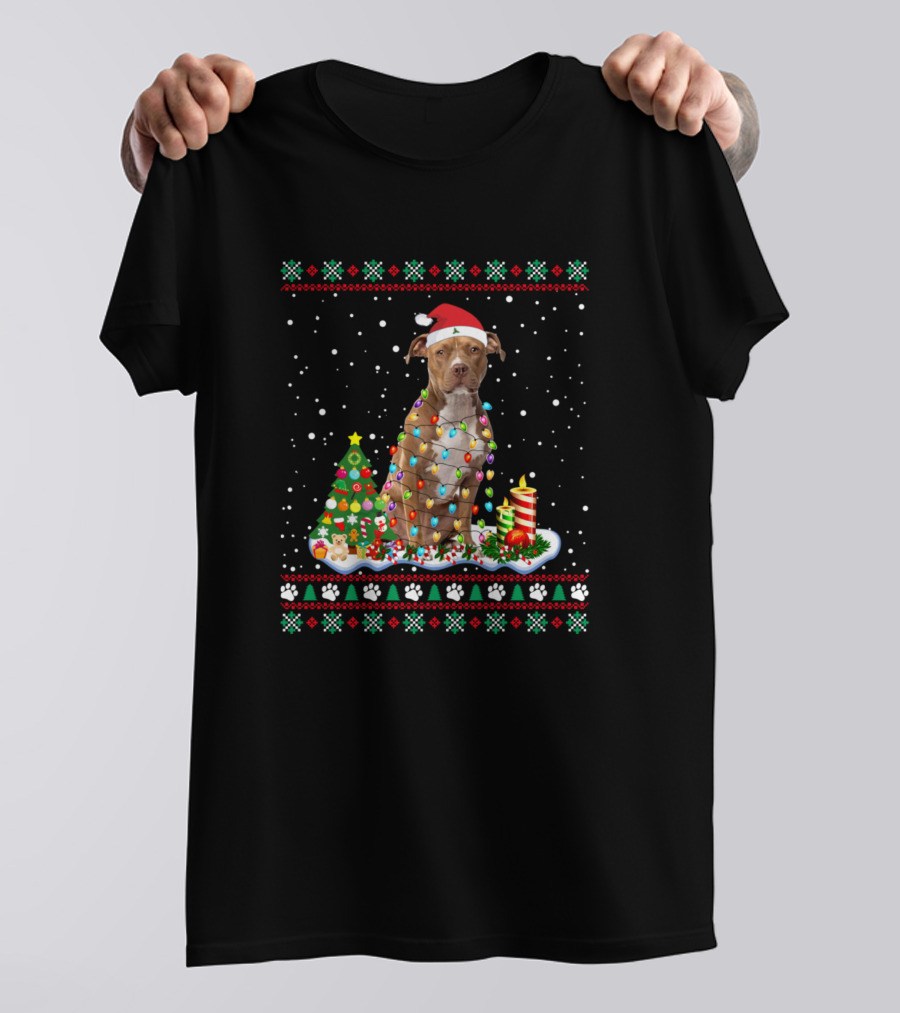 Staffordshire Terrier Santa Christmas Lights Snow Scene T-Shirt