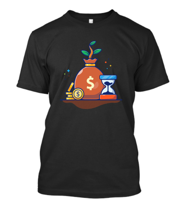 Stock Of Coin Plant Of Money And Hourglasses Carto Cash Bag Dollar Currency Timer T-Shirt