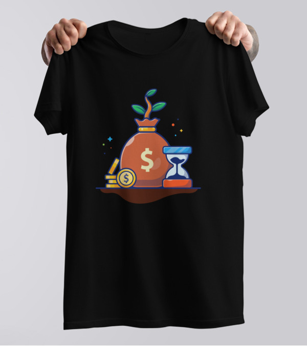 Stock Of Coin Plant Of Money And Hourglasses Carto Cash Bag Dollar Currency Timer T-Shirt