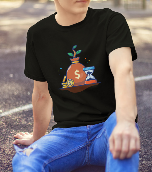 Stock Of Coin Plant Of Money And Hourglasses Carto Cash Bag Dollar Currency Timer T-Shirt
